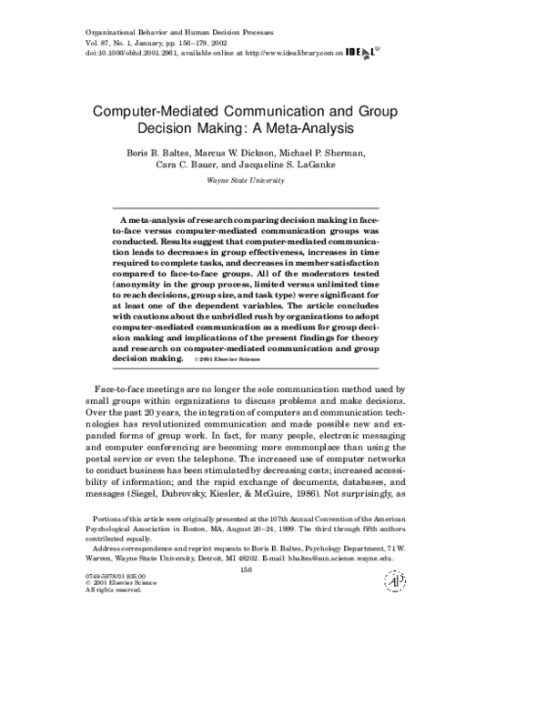 (PDF) ComputerMediated Communication and Group Decision Making A Meta