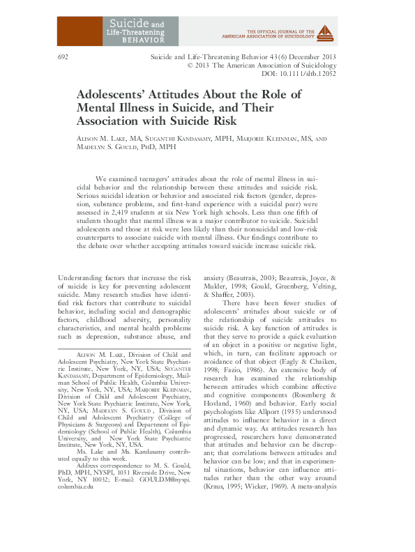 (PDF) Adolescents' Attitudes About the Role of Mental Illness in ...