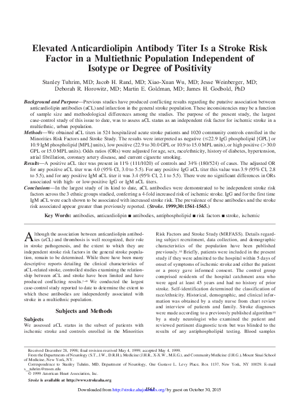 (PDF) Elevated Anticardiolipin Antibody Titer Is a Stroke Risk Factor