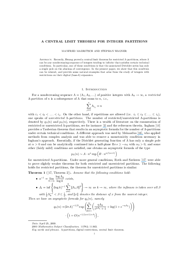 A central limit theorem for integer partitions