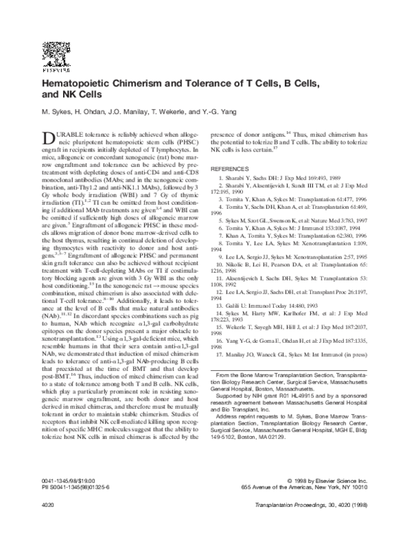 (PDF) Hematopoietic chimerism and tolerance of T cells, B cells, and NK ...