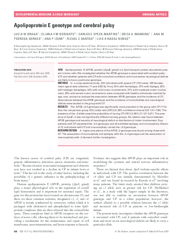 (PDF) Apolipoprotein E genotype and cerebral palsy