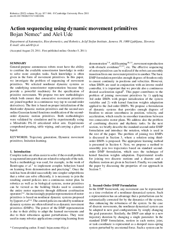 (PDF) Action sequencing using dynamic movement primitives Bojan Nemec