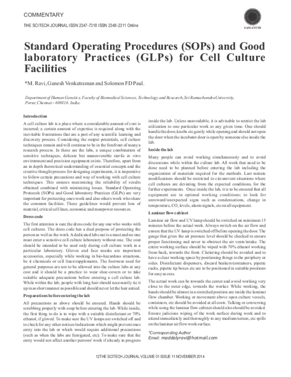 (PDF) Standard Operating Procedures (SOPs) and Good laboratory