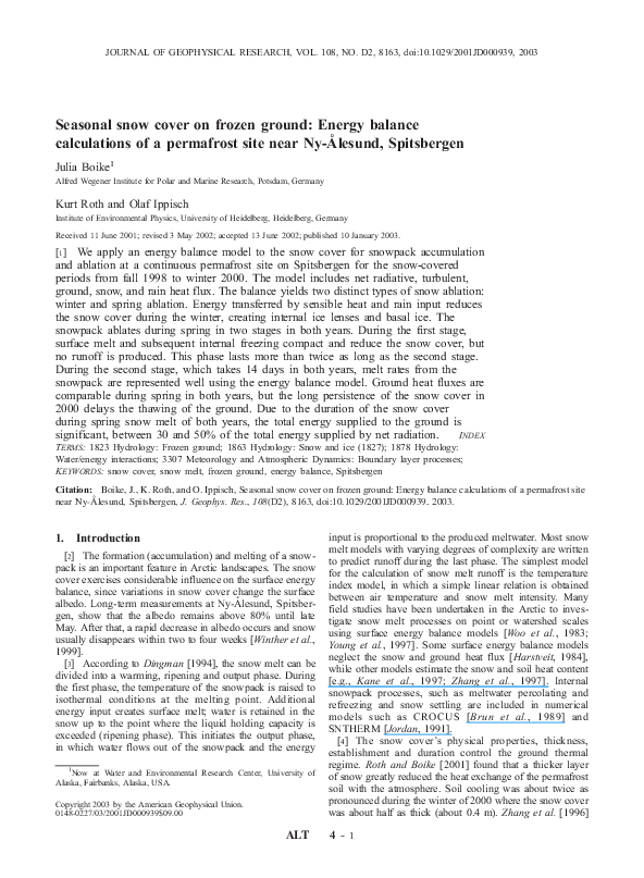 (PDF) Seasonal snow cover on frozen ground Energy balance calculations