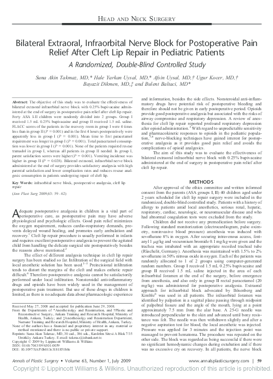 (PDF) Bilateral Extraoral, Infraorbital Nerve Block for Postoperative Pain Relief After Cleft