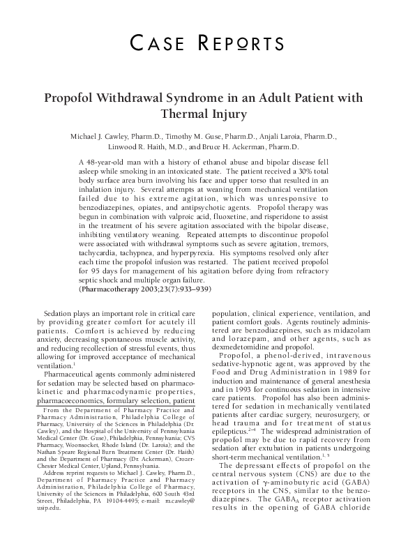 (PDF) Propofol Withdrawal Syndrome in an Adult Patient with Thermal