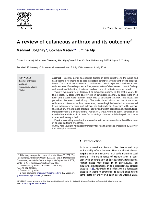 (PDF) A review of cutaneous anthrax and its outcome