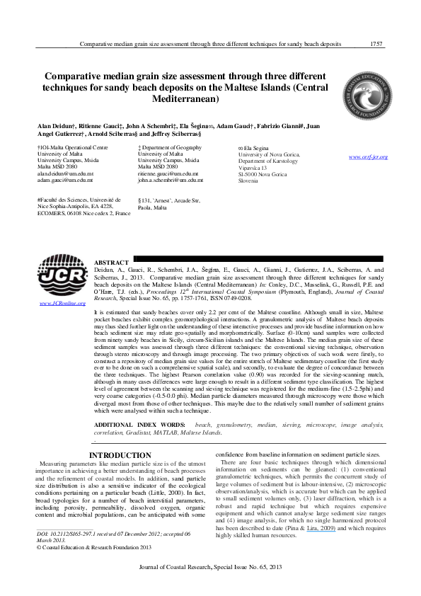Pdf Comparative Median Grain Size Assessment Through Three Different Techniques For Sandy Beach Deposits On The Maltese Islands Central Mediterranean John Schembri Adam Gauci And Arnold Sciberras Academia Edu