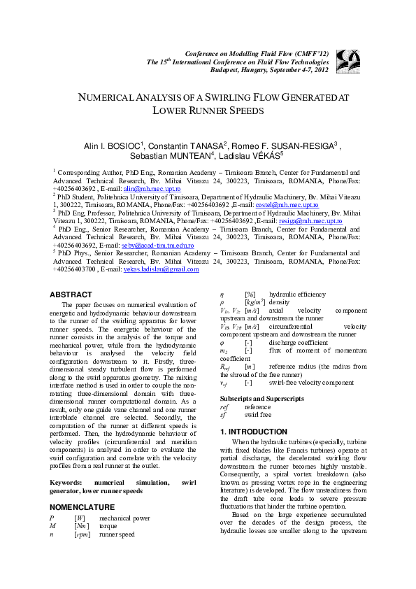 (PDF) NUMERICAL ANALYSIS OF A SWIRLING FLOW GENERATED AT LOWER RUNNER ...