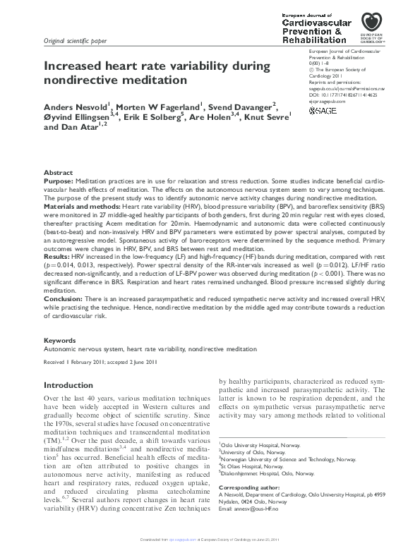 (PDF) Increased heart rate variability during nondirective meditation