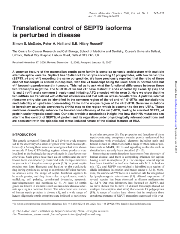 (PDF) Translational control of SEPT9 isoforms is perturbed in disease