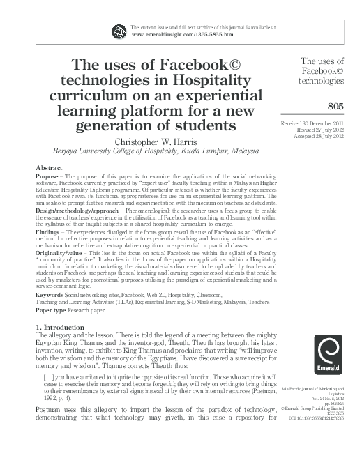 (PDF) The uses of Facebook technologies in Hospitality curriculum on an ...