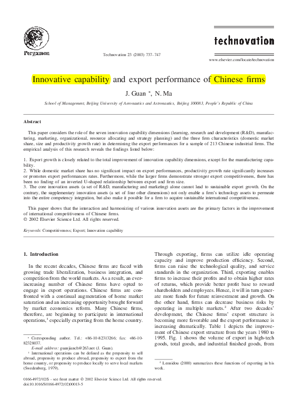 (PDF) Innovative capability and export performance of Chinese firms