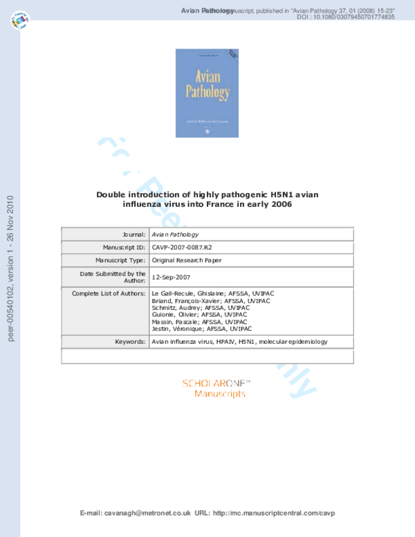 (PDF) Double introduction of highly pathogenic H5N1 avian influenza ...
