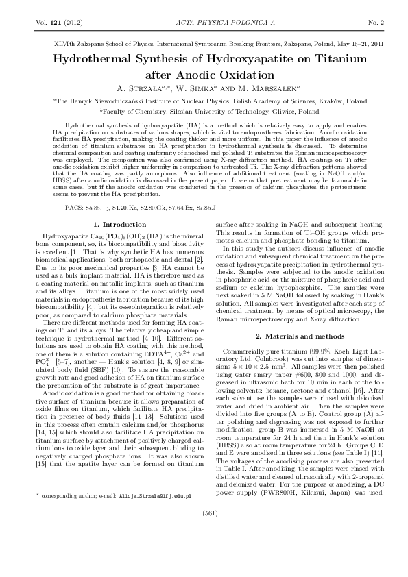 (PDF) Hydrothermal Synthesis of Hydroxyapatite on Titanium after Anodic ...