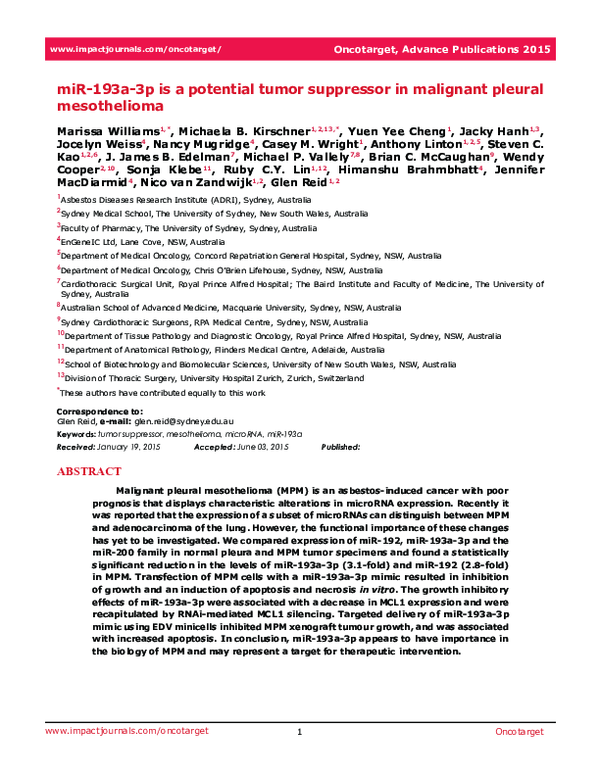 (PDF) miR-193a-3p is a potential tumor suppressor in malignant pleural ...