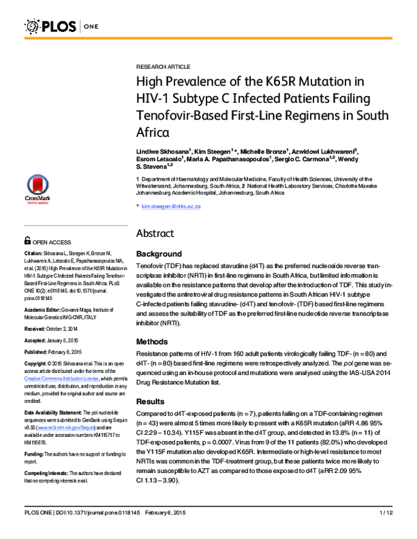 (PDF) High Prevalence of the K65R Mutation in HIV-1 Subtype C Infected ...