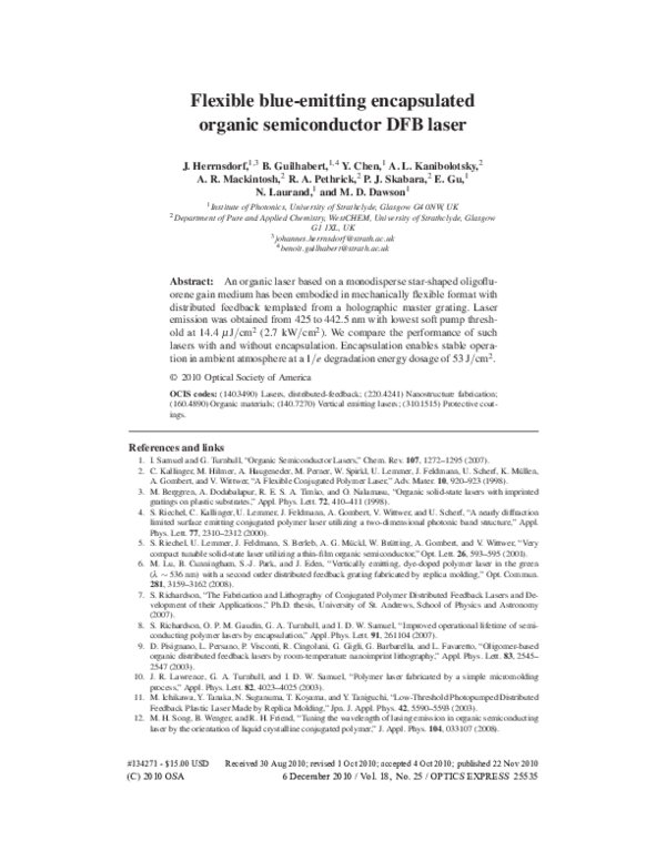 (PDF) Flexible blue-emitting encapsulated organic semiconductor DFB laser