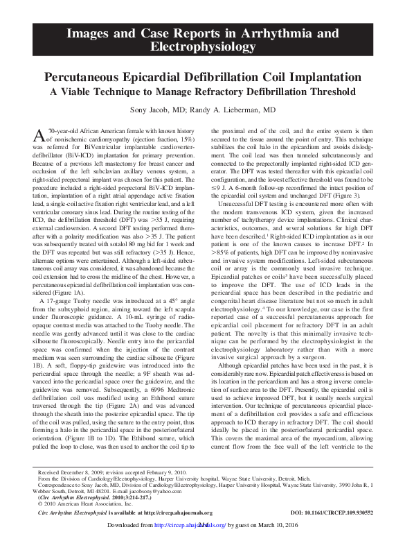 (PDF) Percutaneous epicardial defibrillation coil implantation: a ...