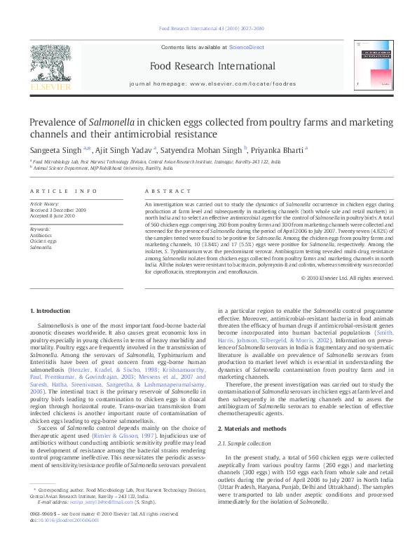 (PDF) Prevalence of Salmonella in chicken eggs collected from poultry ...