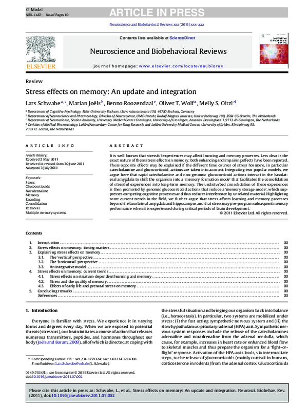 (PDF) Stress effects on memory: An update and integration