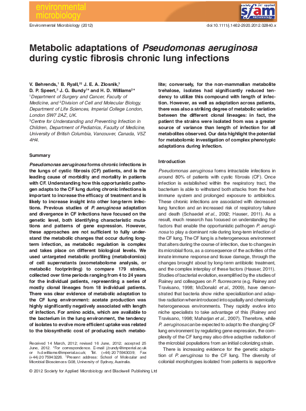 (PDF) Metabolic adaptations of Pseudomonas aeruginosa during cystic ...