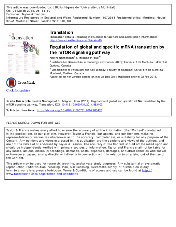 (PDF) Regulation of global and specific mRNA translation by the mTOR ...
