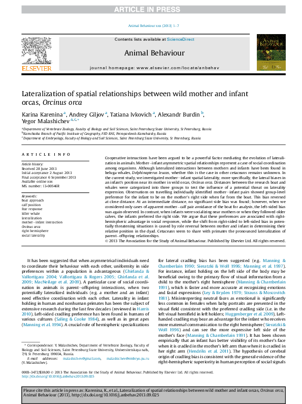(PDF) Lateralization of spatial relationships between wild mother and ...