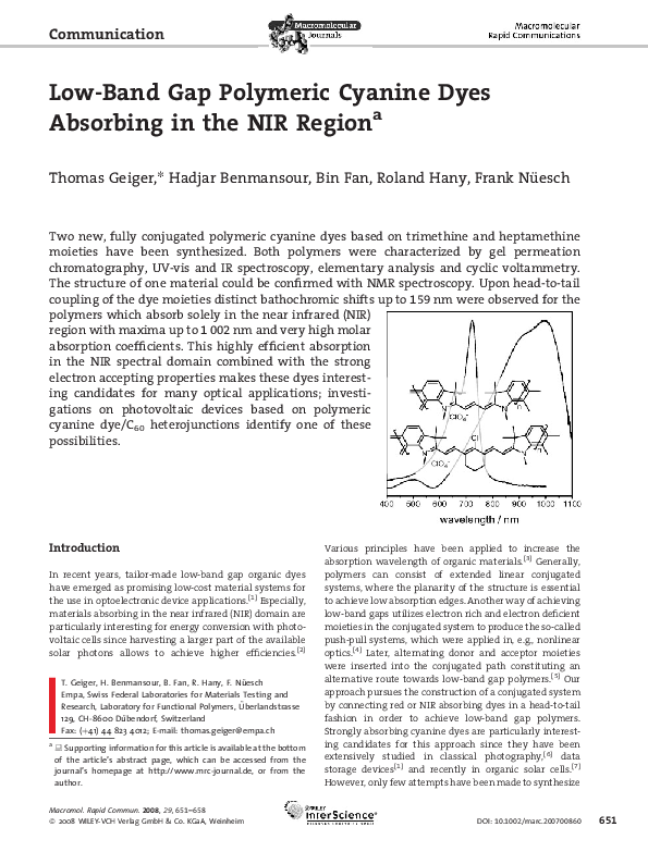 (PDF) LowBand Gap Polymeric Cyanine Dyes Absorbing in the NIR Region Thomas Geiger and Hadjar