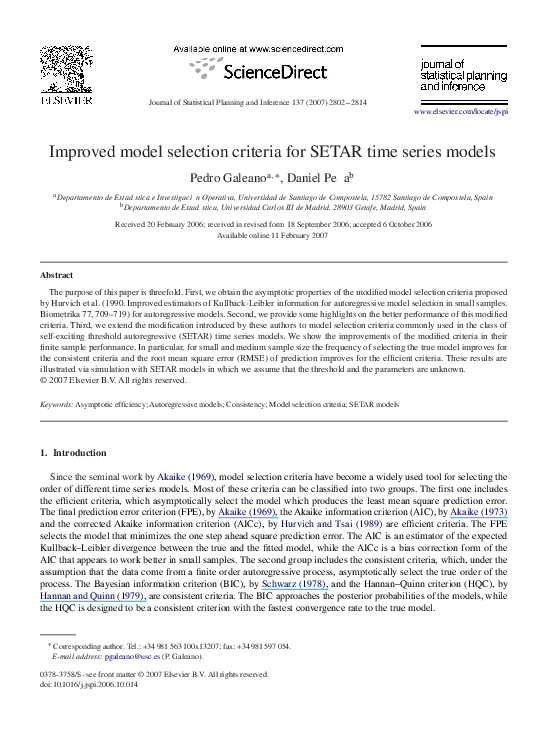 (PDF) Improved model selection criteria for SETAR time series models
