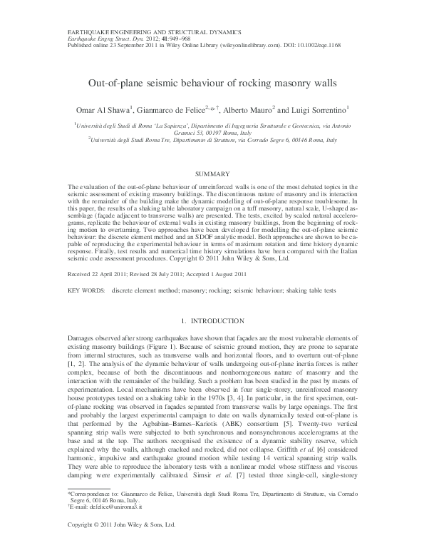 (PDF) Out-of-plane seismic behaviour of rocking masonry walls
