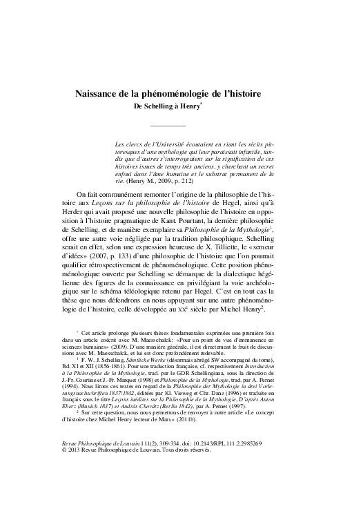 PDF) Naissance de la phénoménologie de l'histoire : De Schelling à