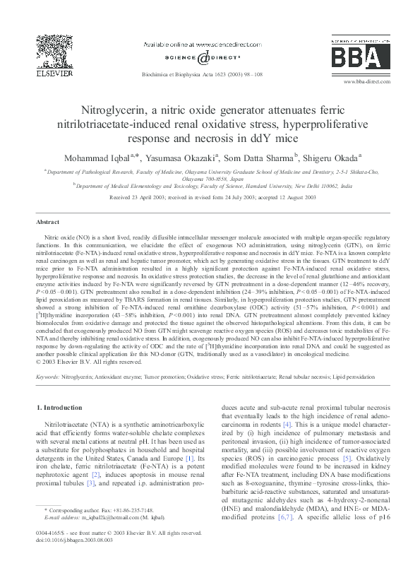 (PDF) Nitroglycerin, a nitric oxide generator attenuates ferric nitrilotriacetateinduced renal