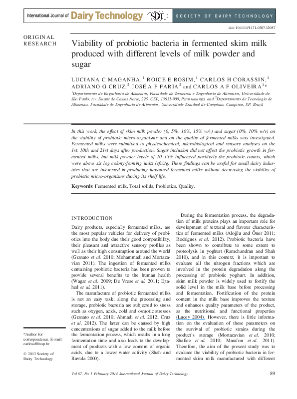 (PDF) Viability of probiotic bacteria in fermented skim milk produced ...
