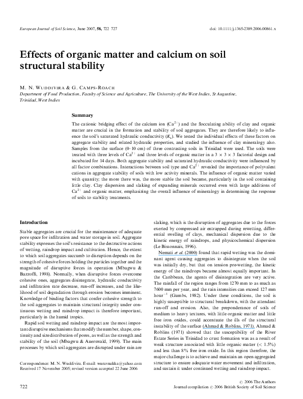 (PDF) Effects of organic matter and calcium on soil structural stability