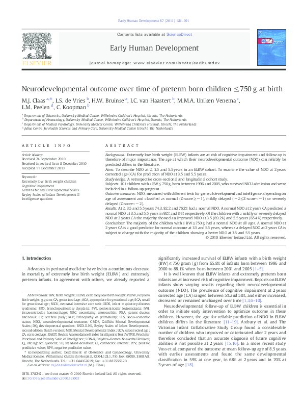 (PDF) Neurodevelopmental outcome over time of preterm born children ≤ ...