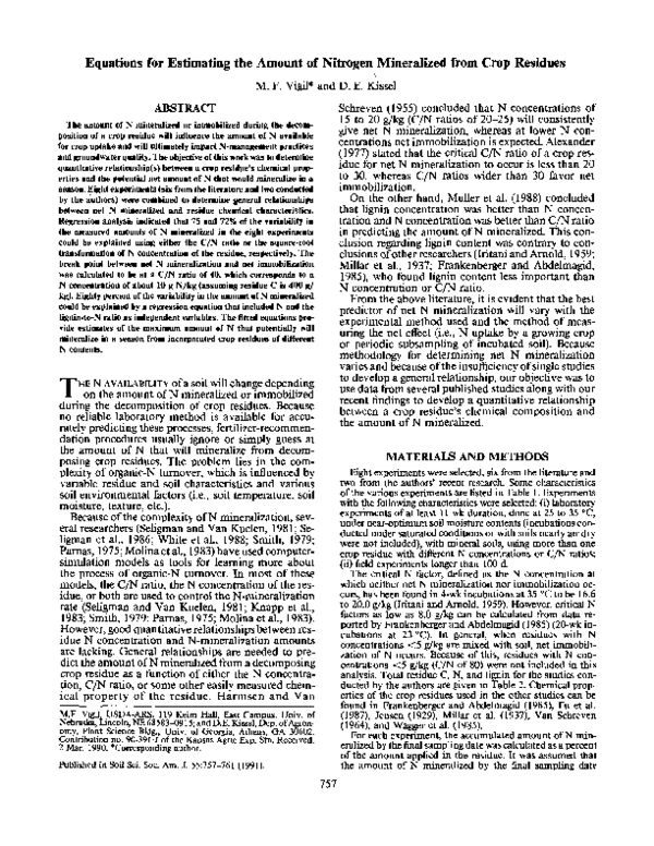(PDF) Equations for Estimating the Amount of Nitrogen Mineralized from ...