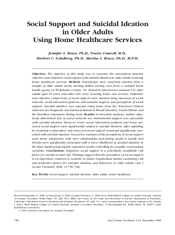 (PDF) Social support and suicidal ideation in older adults using home ...
