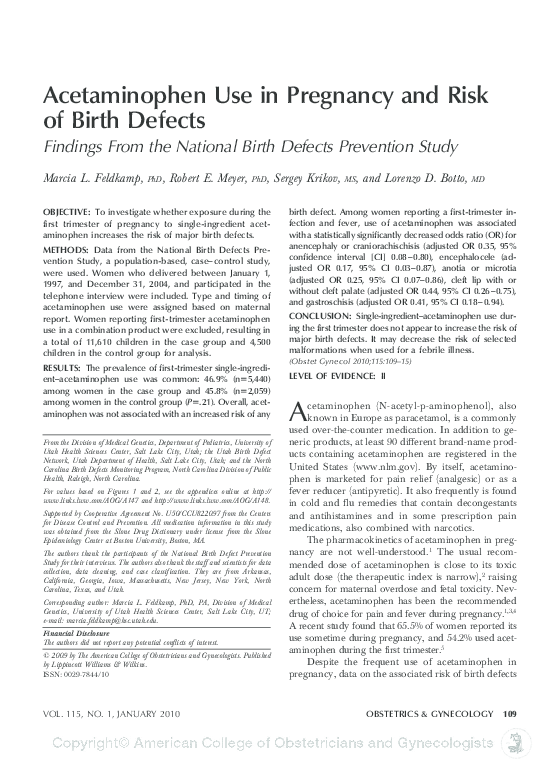 (PDF) Acetaminophen Use in Pregnancy and Risk of Birth Defects