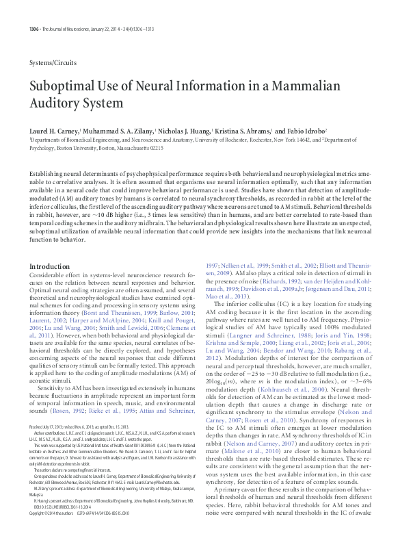 (PDF) Suboptimal Use of Neural Information in a Mammalian Auditory System