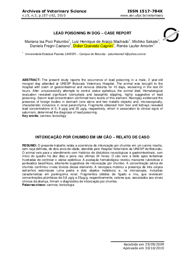 (PDF) Lead Poisoning in Dog Case Report Didier Quevedo Cagnini