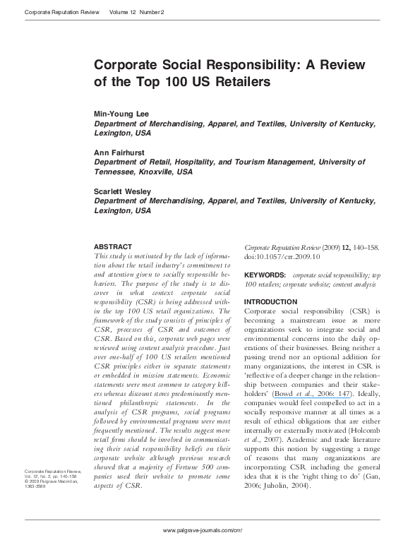 (PDF) Corporate Social Responsibility A Review of the Top 100 US