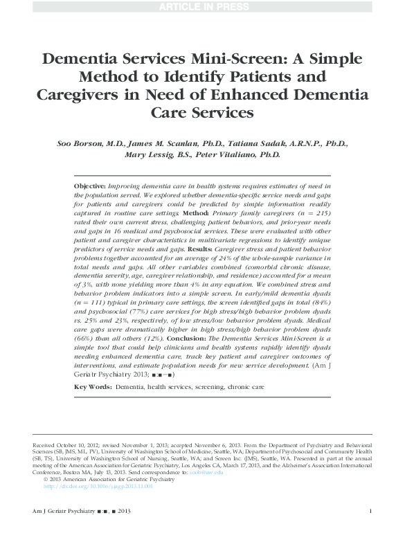 (PDF) Dementia Services Mini-Screen: A Simple Method to Identify ...