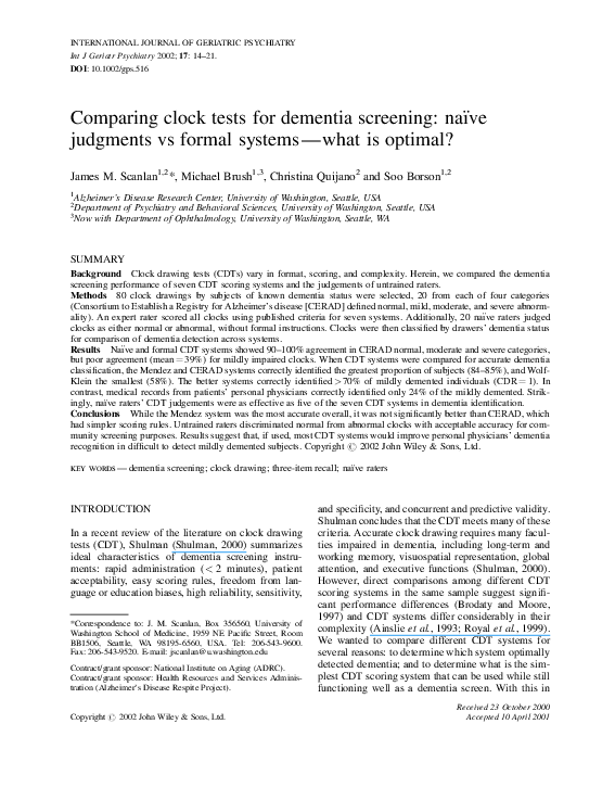 (PDF) Comparing clock tests for dementia screening na ve judgments vs