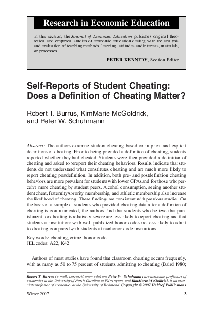 (PDF) Self-Reports of Student Cheating: Does a Definition of Cheating ...