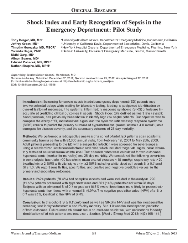 (PDF) Shock index and early recognition of sepsis in the emergency ...