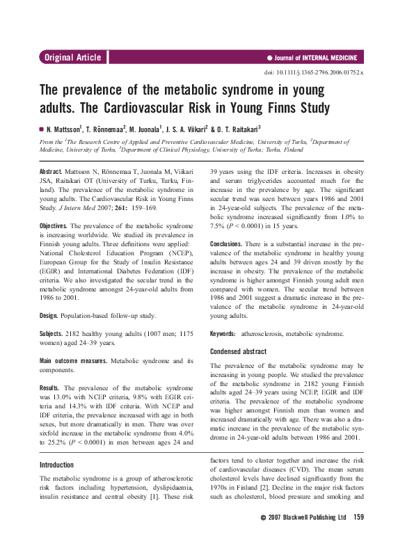 (PDF) The prevalence of the metabolic syndrome in young adults. The ...