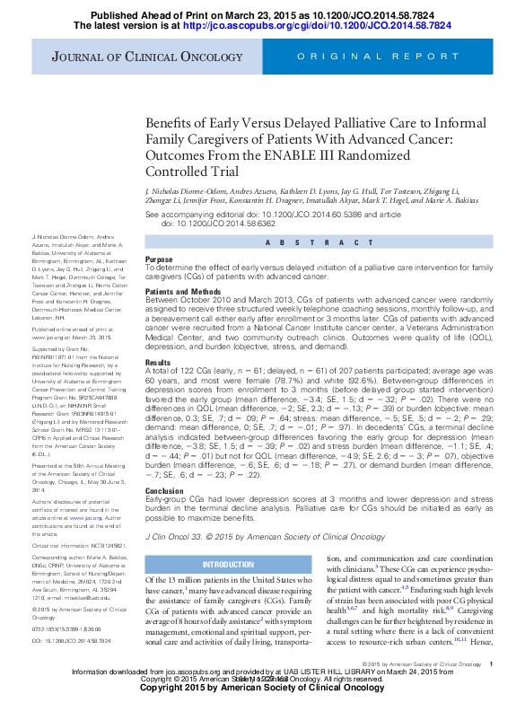 (PDF) Benefits of Early Versus Delayed Palliative Care to Informal ...