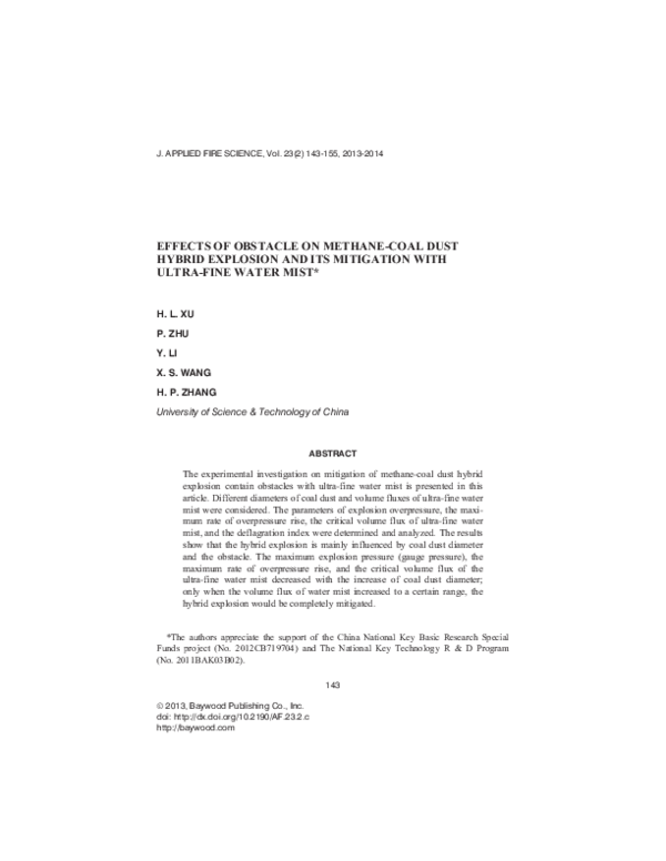 (PDF) Effects of obstacle on methane-coal dust hybrid explosion and its ...